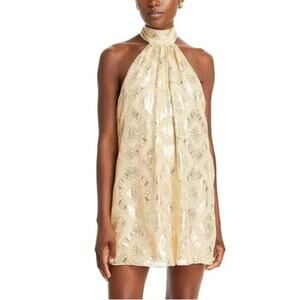 Ramy Brook Metallic Sam Dress Halter Neck Shift Mini Soft Gold Silk Blend Size 6